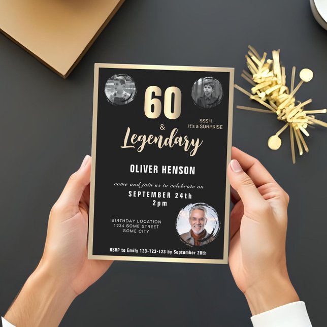 Invitation Gold Metallic Surprise 3 Photo 60e anniversaire (Créateur téléchargé)