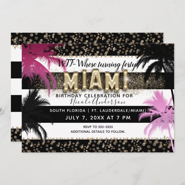 Invitation Gold Miami Parties scintillant Glam Palm Trees fêt (Devant / Derrière)