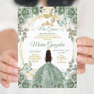 Invitation Gold Mis Quince Dusty Green Floral Quinceañera