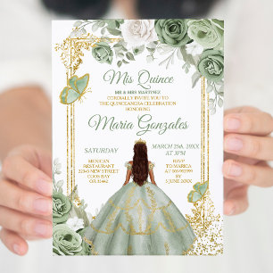 Invitation Gold Mis Quince Sage Vert Floral Quinceañera