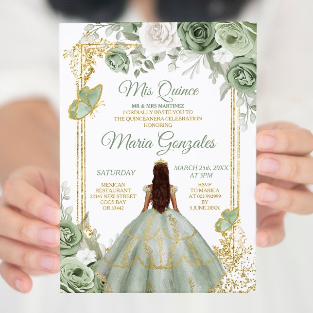 Invitation Gold Mis Quince Sage Vert Floral Quinceañera (Créateur téléchargé)