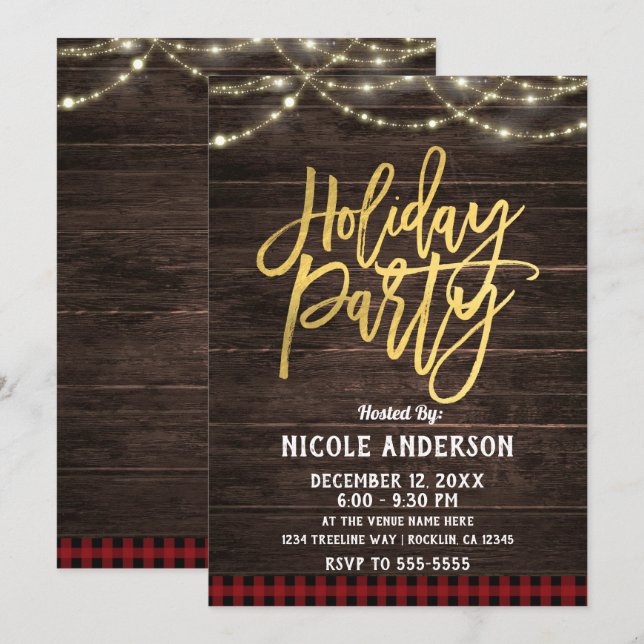 Invitation Gold Modern Script Fête de vacances Rustique Plaid (Devant / Derrière)