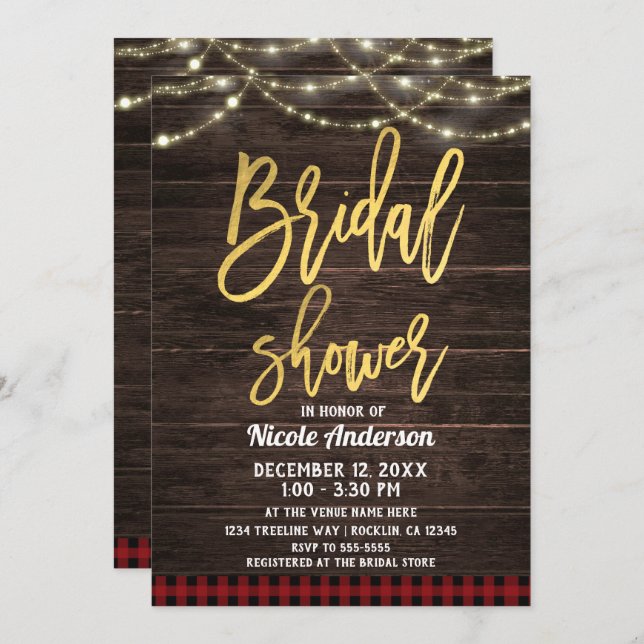 Invitation Gold Modern Script Rustic Bois Plaid Fête des mari (Devant / Derrière)