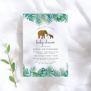 Invitation Gold Mom & Baby Elephant Jungle Baby shower Feuill