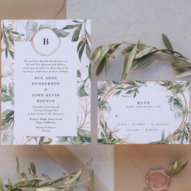 Invitation Gold Monogram Botanical Eucalyptus Circles Moss (Invitation showcasing suite - additional items (bought separately))