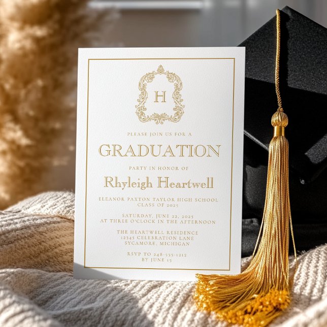Invitation Gold Monogram Crest White Graduation Party (Créateur téléchargé)