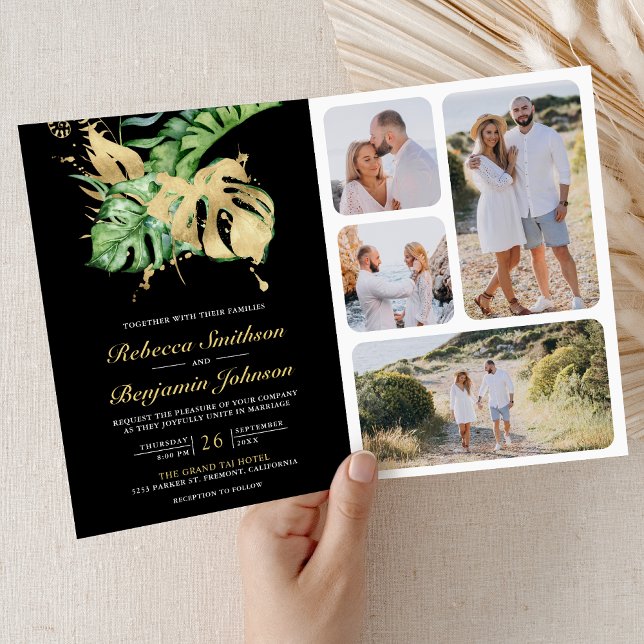 Invitation Gold Monstera Tropical Palm Black QR Code Wedding (Créateur téléchargé)