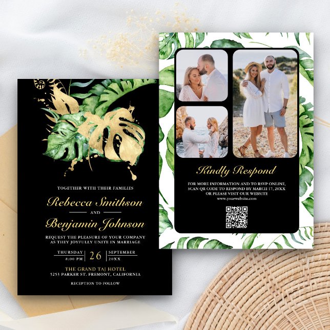 Invitation Gold Monstera Tropical Palm QR Code Black Wedding (Créateur téléchargé)