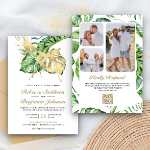 Invitation Gold Monstera Tropical Palm QR Code Mariage