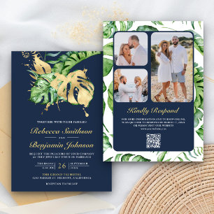 Invitation Gold Monstera Tropical Palm QR Code Navy Wedding