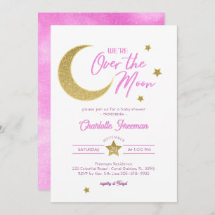 Invitation Gold Moon et Stars Baby Girl We're Over The Moon