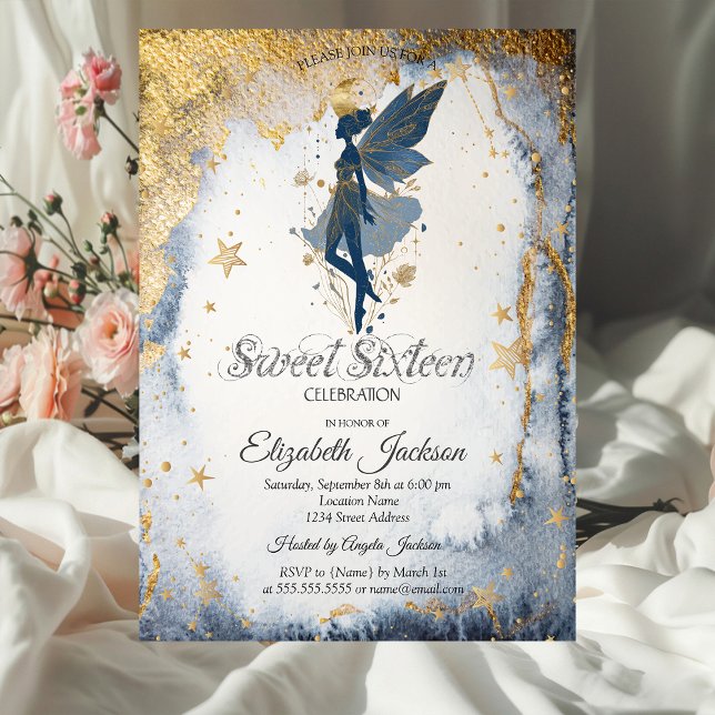 Invitation Gold Moon Girl Watercolor Gold Stars Sweet 16 (Créateur téléchargé)