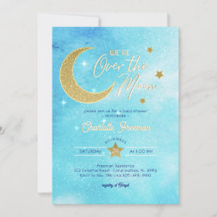 Invitation Gold Moon & Stars Blue Watercolor Baby shower garç