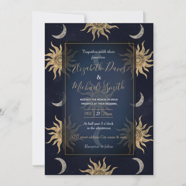 Invitation Gold Moon Sun Mandala Blue Night Sky Motif (Devant)