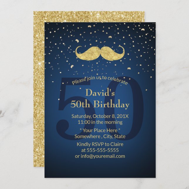 Invitation Gold Mustache Marine Blue 50e fête d'anniversaire (Devant / Derrière)