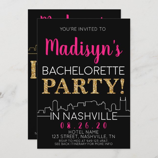 Invitation Gold Nashville Bachelorette Party Itinéraire et (Devant / Derrière)