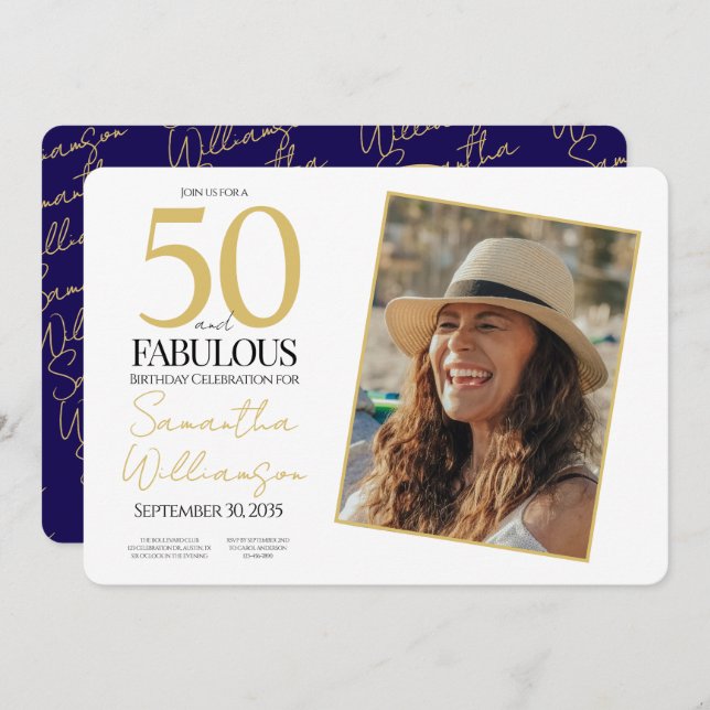 Invitation Gold & Navy | 50th Fabulous Photo Birthday Party (Devant / Derrière)