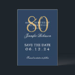Invitation Gold Navy 80th Birthday Enregistrer la date<br><div class="desc">Design élégant "80th Birthday Party" avec un script de typographie formel,  nom personnalisé et texte détaillé. Facile à utiliser et facile à personnaliser. Commandez aujourd'hui !</div>