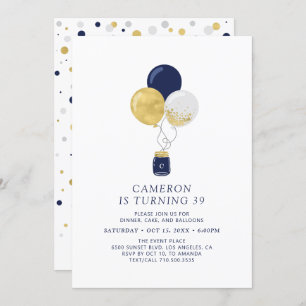 Invitation Gold & Navy Ballons Moderne Adulte fête d'annivers