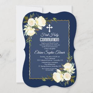 Invitation Gold Navy Bleu Roses Blanches Première Communion S