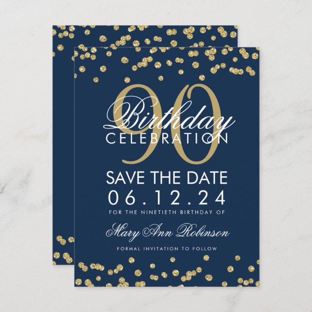 Invitation Gold Navy Blue 90th Birthday Save Date Confetti (Devant / Derrière)