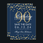 Invitation Gold Navy Blue 90th Birthday Save Date Confetti<br><div class="desc">Elégant design "90e anniversaire fête" avec Gold Faux Parties scintillant Confetti Navy Blue et nom personnalisé et texte de détails. Facile à utiliser et facile à personnaliser. Commandez aujourd'hui !</div>