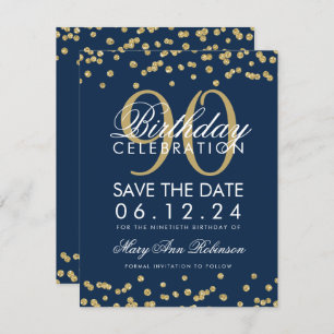 Invitation Gold Navy Blue 90th Birthday Save Date Confetti