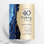 Invitation Gold Navy Blue Agate 40e anniversaire<br><div class="desc">Invitation à la fête du 40e anniversaire de l'agate bleu marine et or. Elégant design moderne avec aquarelle bleu royal agate marbre arrière - plan, fausse parties scintillant or et typographie script police. Carte invitation branchée parfaite pour une célébration anniversaire féminine élégante. Invitations Zazzle imprimées ou téléchargement instantané modèle imprimable...</div>