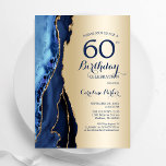 Invitation Gold Navy Blue Agate 60e anniversaire<br><div class="desc">Invitation à la fête du 60e anniversaire de l'agate bleu marine et or. Elégant design moderne avec aquarelle bleu royal agate marbre arrière - plan, fausse parties scintillant or et typographie script police. Carte invitation branchée parfaite pour une célébration anniversaire féminine élégante. Invitations Zazzle imprimées ou téléchargement instantané modèle imprimable...</div>