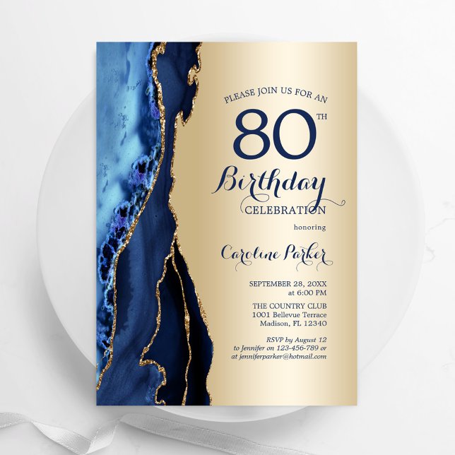 Invitation Gold Navy Blue Agate 80e anniversaire (Créateur téléchargé)