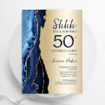 Invitation Gold Navy Blue Agate Surprise 50e anniversaire<br><div class="desc">L'agate bleu marine et or surprend l'invitation de la fête du 50e anniversaire. Elégant design moderne avec aquarelle bleu royal agate marbre arrière - plan, fausse parties scintillant or et typographie script police. Carte invitation branchée parfaite pour une célébration anniversaire féminine élégante. Invitations Zazzle imprimées ou téléchargement instantané modèle imprimable...</div>