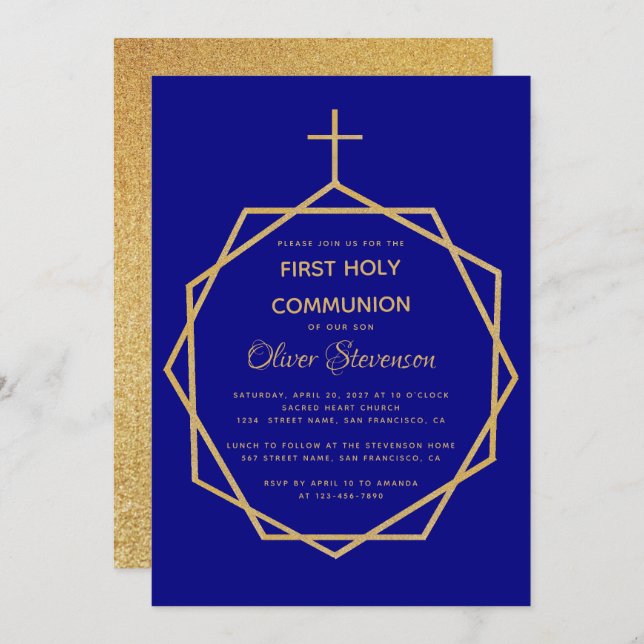 Invitation Gold Navy Blue Boy First Holy Communion Géométriqu (Devant / Derrière)