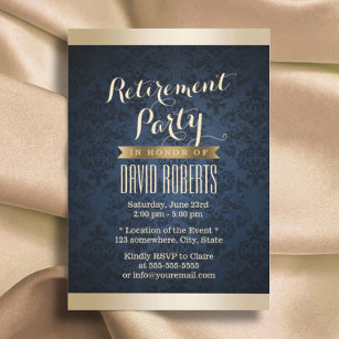 Invitation Gold & Navy Blue Damask Pattern Retraite Party