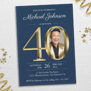 Invitation Gold Navy Blue Elegant Photo 40th Birthday Party