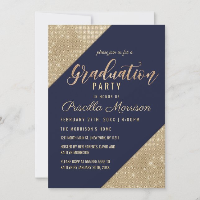 Invitation Gold Navy Blue Faux Parties scintillant Sequin Gra (Devant)