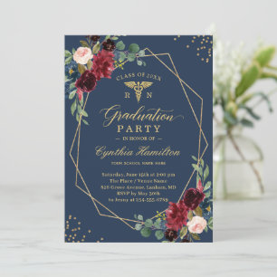 Invitation Gold Navy Blue Floral Nursing School Graduation