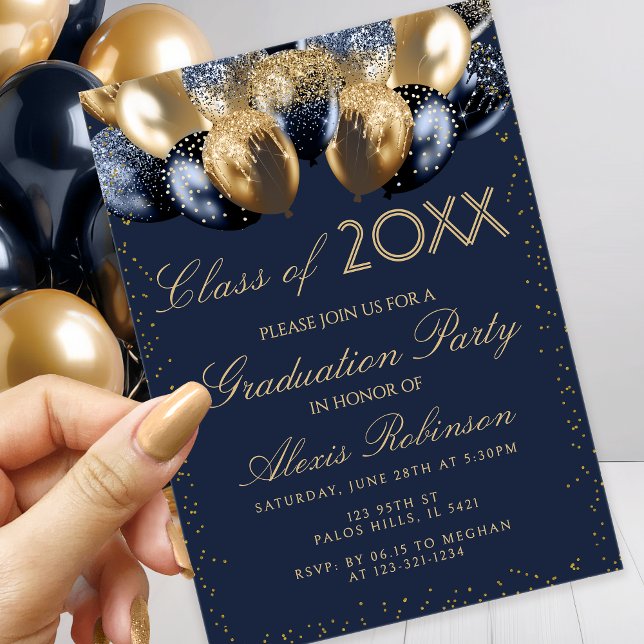 Invitation Gold Navy Blue Glitter Balloons Graduation Party (Créateur téléchargé)