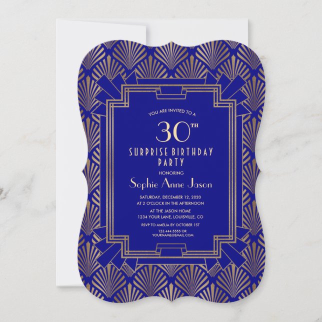 Invitation Gold Navy Blue Great Gatsby Art Déco Anniversaire (Devant)