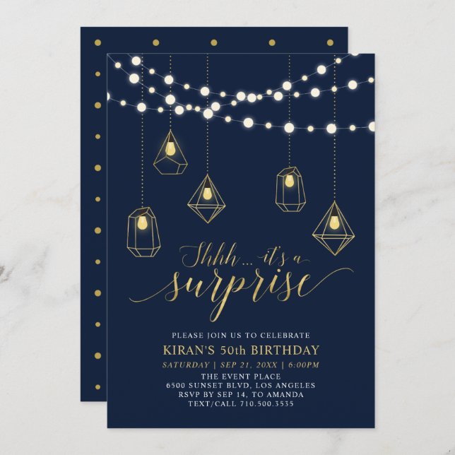 Invitation Gold & Navy Blue Moderne Surprise fête d'anniversa (Devant / Derrière)