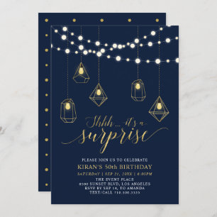 Invitation Gold & Navy Blue Moderne Surprise fête d'anniversa