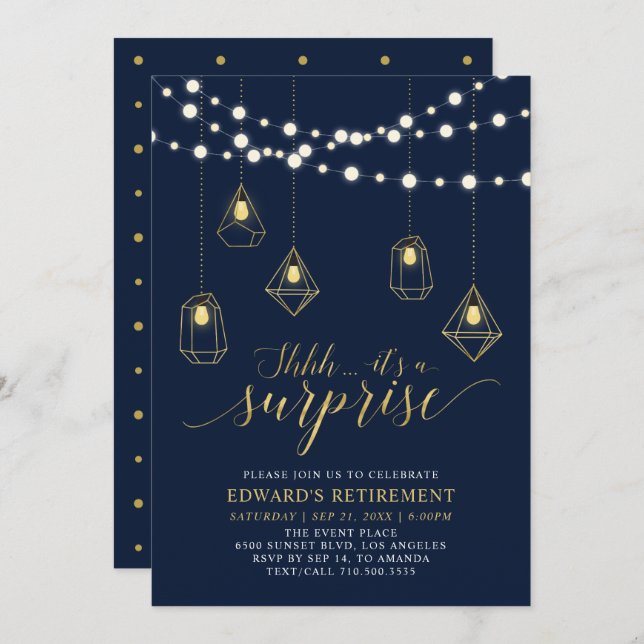 Invitation Gold & Navy Blue Moderne Surprise Retraite Party (Devant / Derrière)
