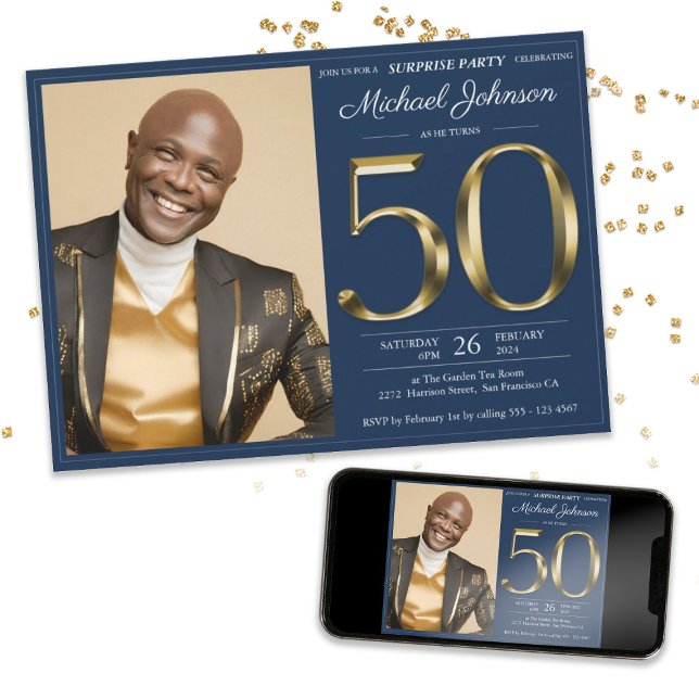 Invitation Gold Navy Blue Photo 50th Birthday Surprise Party (Gold Navy Blue Photo 50th Birthday Surprise Party Invitation)