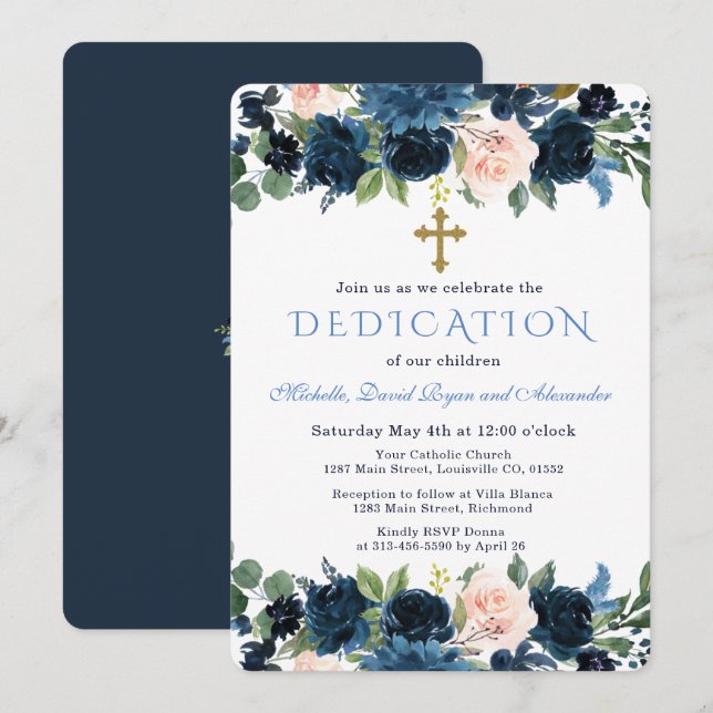 Invitation Gold Navy Blue Pink Floral Triplets Dedication (Devant / Derrière)