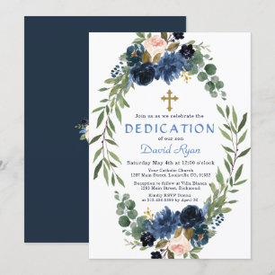 Invitation Gold Navy Blue Rose Floral Dédication de couronne