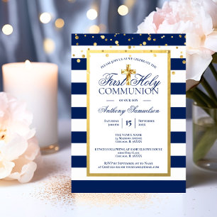 Invitation Gold Navy Blue Stripes Premier Saint Communion Gar