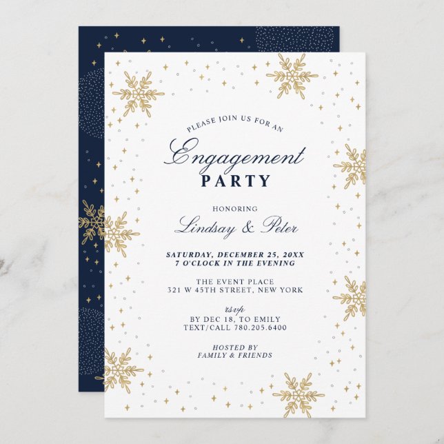 Invitation Gold & Navy Blue Winter Christmas Engagement Party (Devant / Derrière)