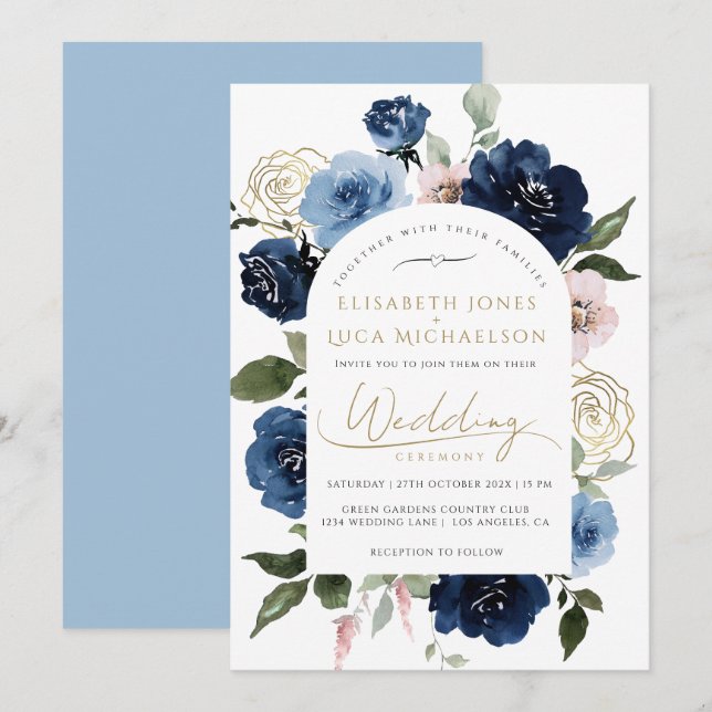 Invitation Gold Navy Blush Florals Botanique Blue Mariage (Devant / Derrière)