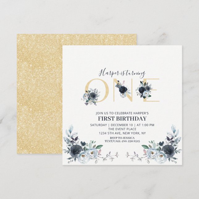 Invitation Gold & Navy Boho Floral 1er Carré d'anniversaire (Devant / Derrière)
