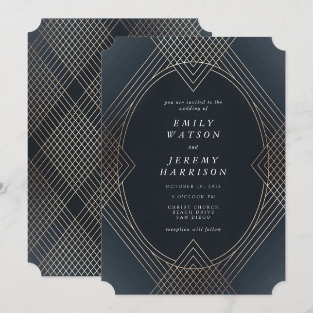 Invitation Gold Navy Oval Géométrique Art Déco Mariage Gatsby (Devant / Derrière)