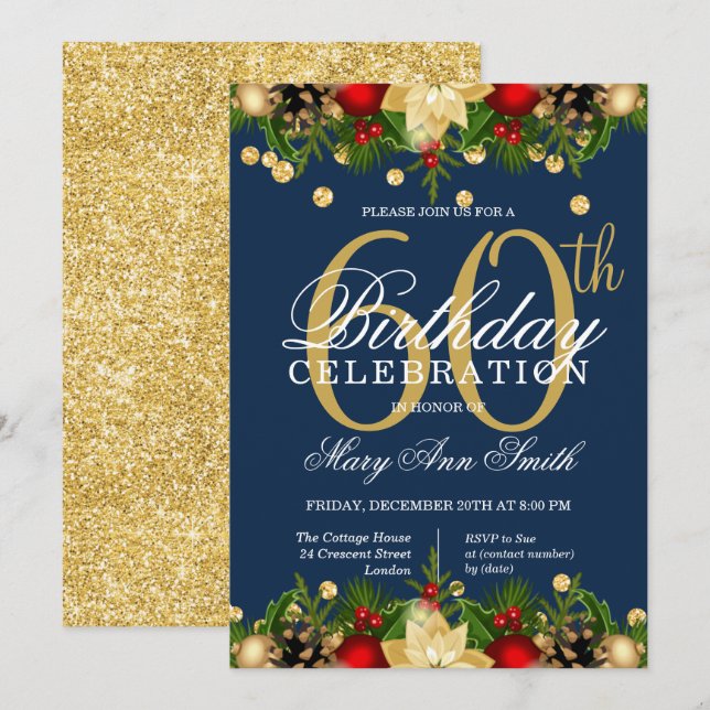 Invitation Gold & Navy Parties scintillant de vacances 60e fê (Devant / Derrière)